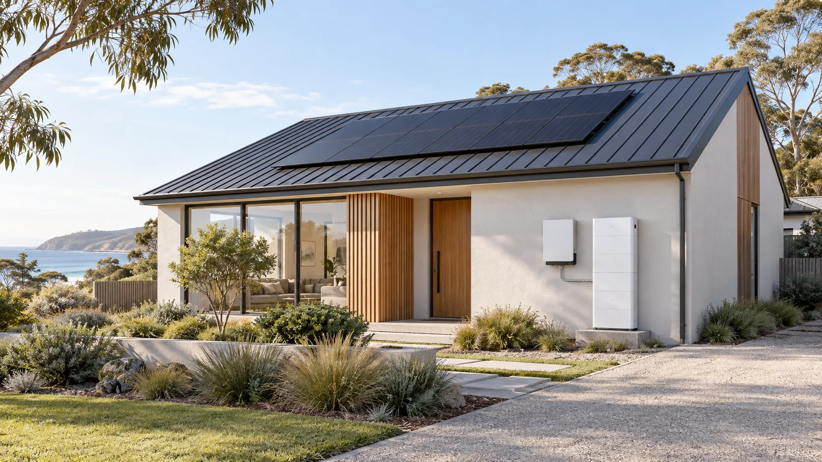Architectural concept of an Australian solar home with a meter cabinet, hybrid inverter and battery on its right exterior wall