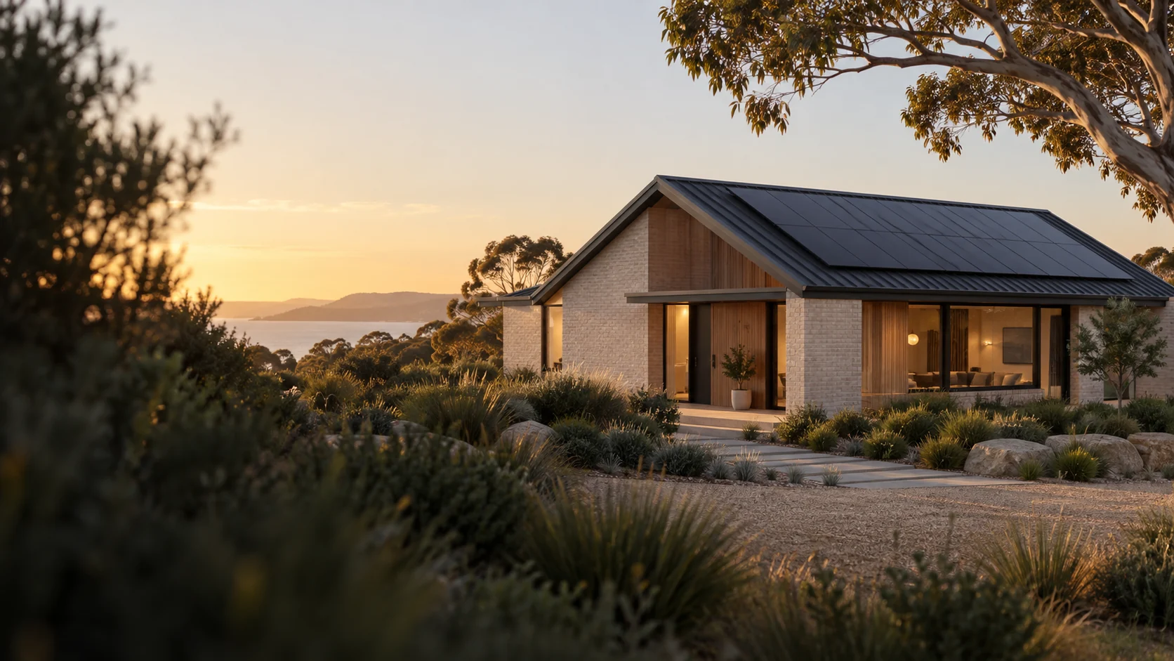 Concept of an Australian home with rooftop solar at sunset